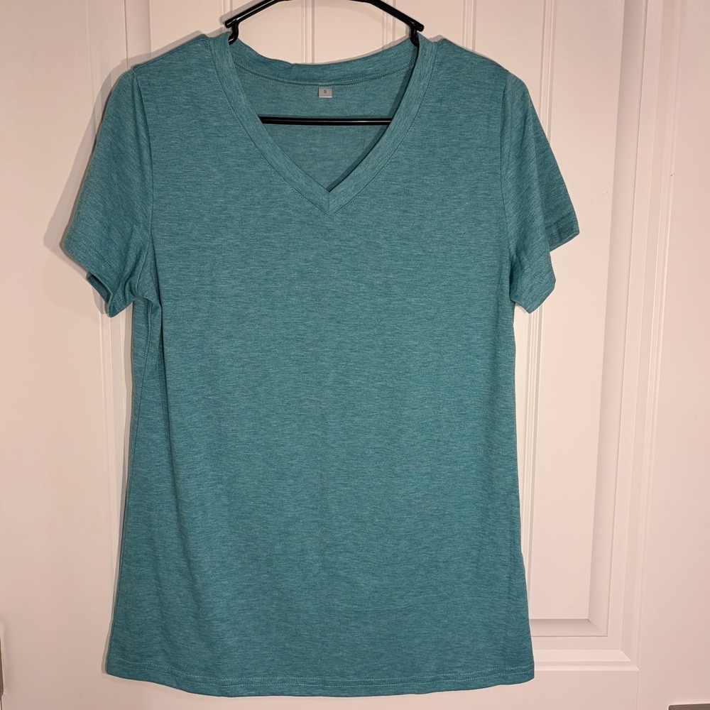 Teal‎ V Neck T Shirt Women Small Short Sleeve Basic Lightweight Casual Top